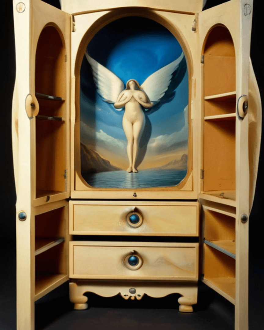AI generated wallpaper featuring cabinet, angel, drawers