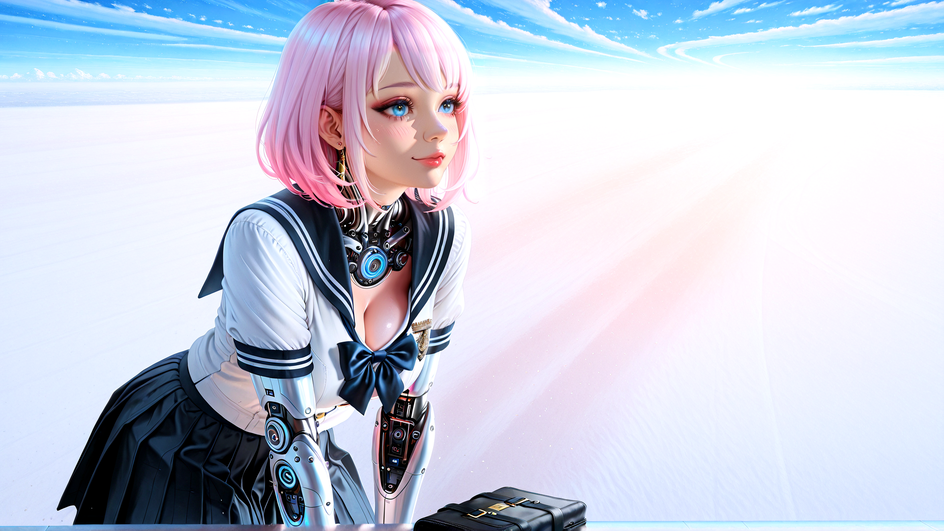 AI generated wallpaper featuring cyborg, girl, sailor, uniform, robotic, arm, bow, pink, hair