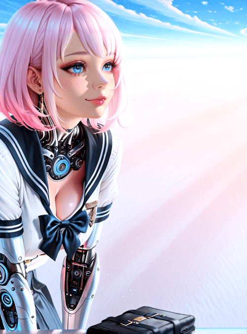 cyborg, girl, sailor, uniform, robotic, arm, bow, pink, hair