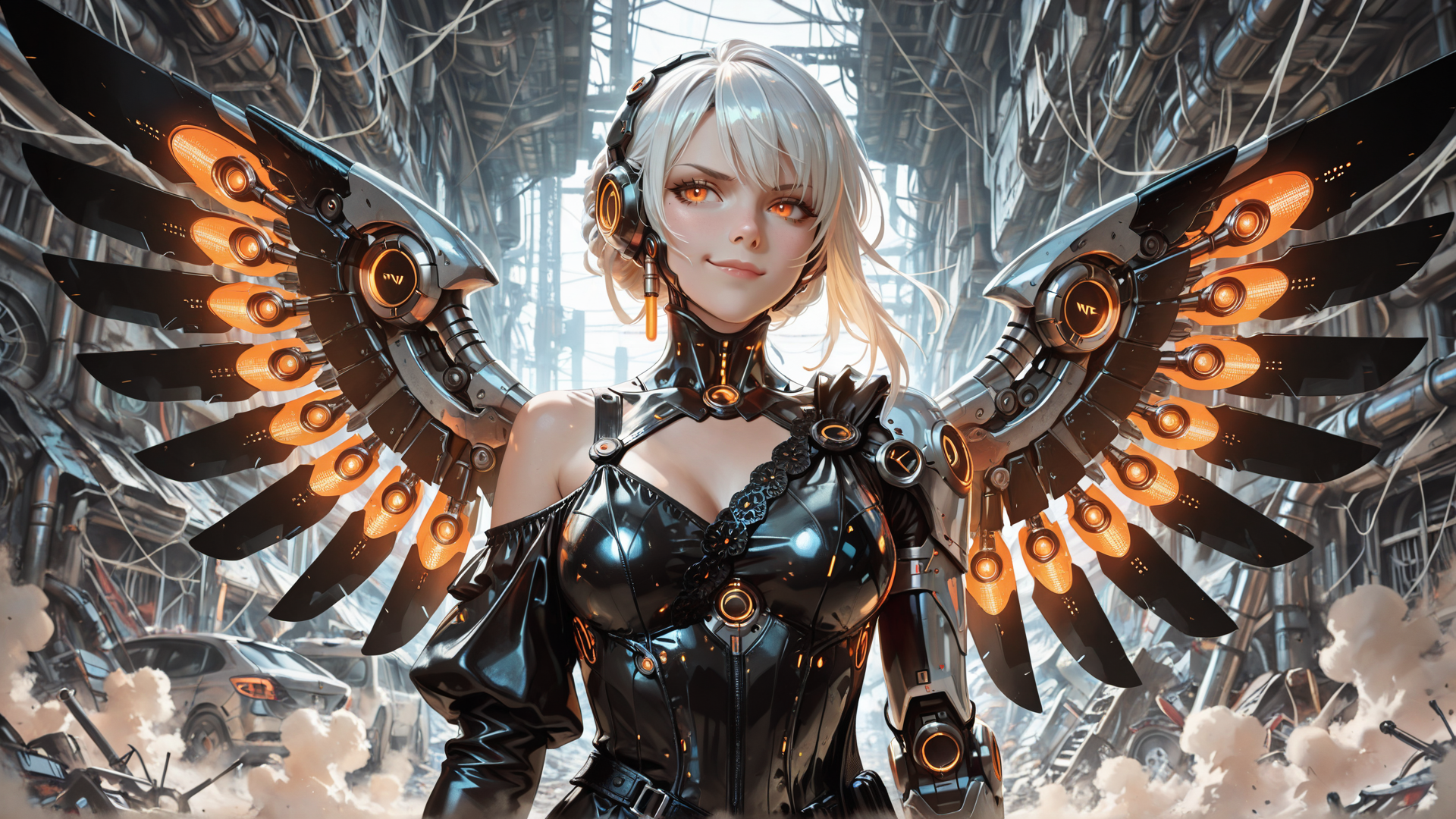 AI generated wallpaper featuring cyborg, angel wings, mechanical, female, robot, headset, goggles, sleek, armor, wings