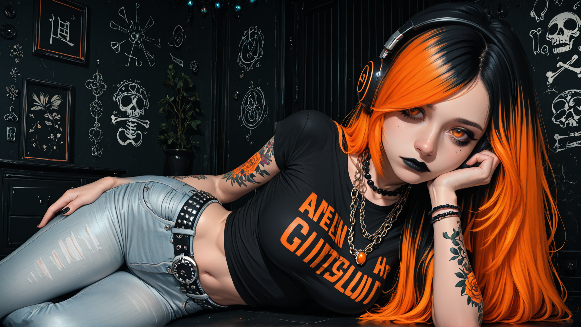 AI generated wallpaper featuring woman, headphones, tattoo, skull, jeans, shirt, hair