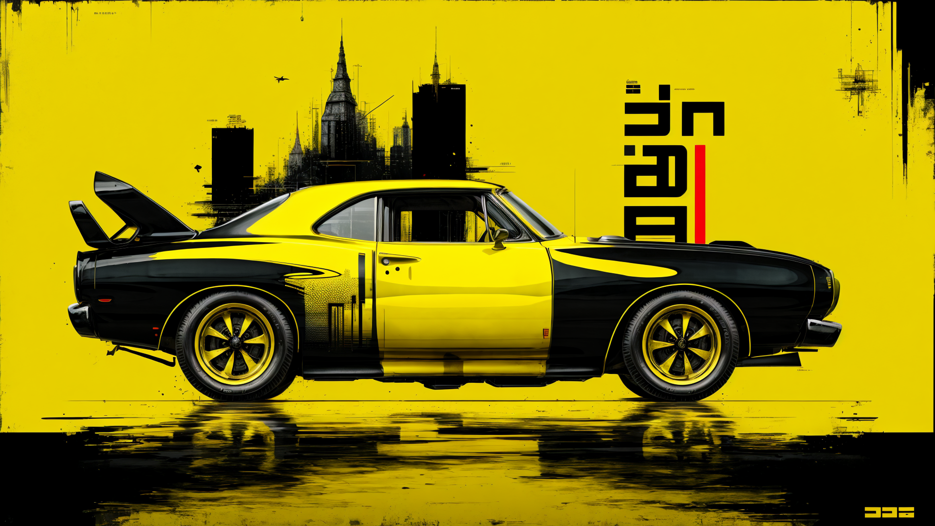 AI generated wallpaper featuring car, cityscape, street, tire, gloss, wing, urban, graffiti, reflection, building