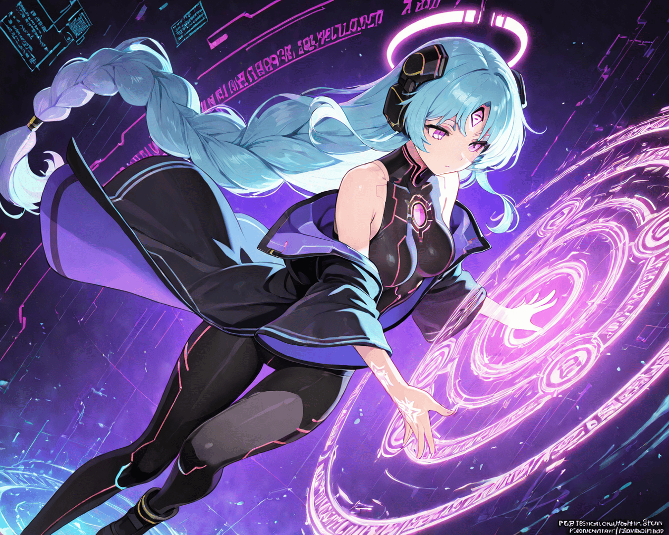 AI generated wallpaper featuring anime girl, cyberpunk, magic circle