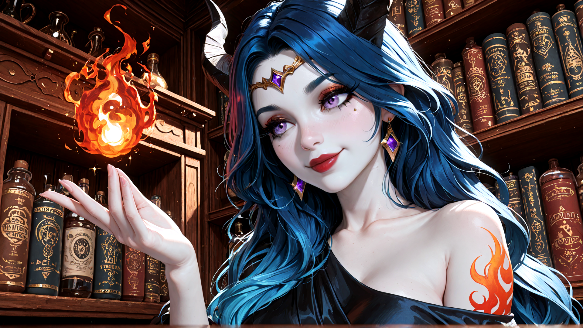 AI generated wallpaper featuring woman, fire, books, bottles, horn, earring, hair, mark
