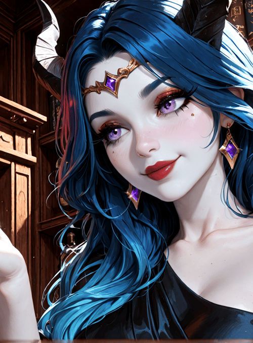 woman, fire, books, bottles, horn, earring, hair, mark