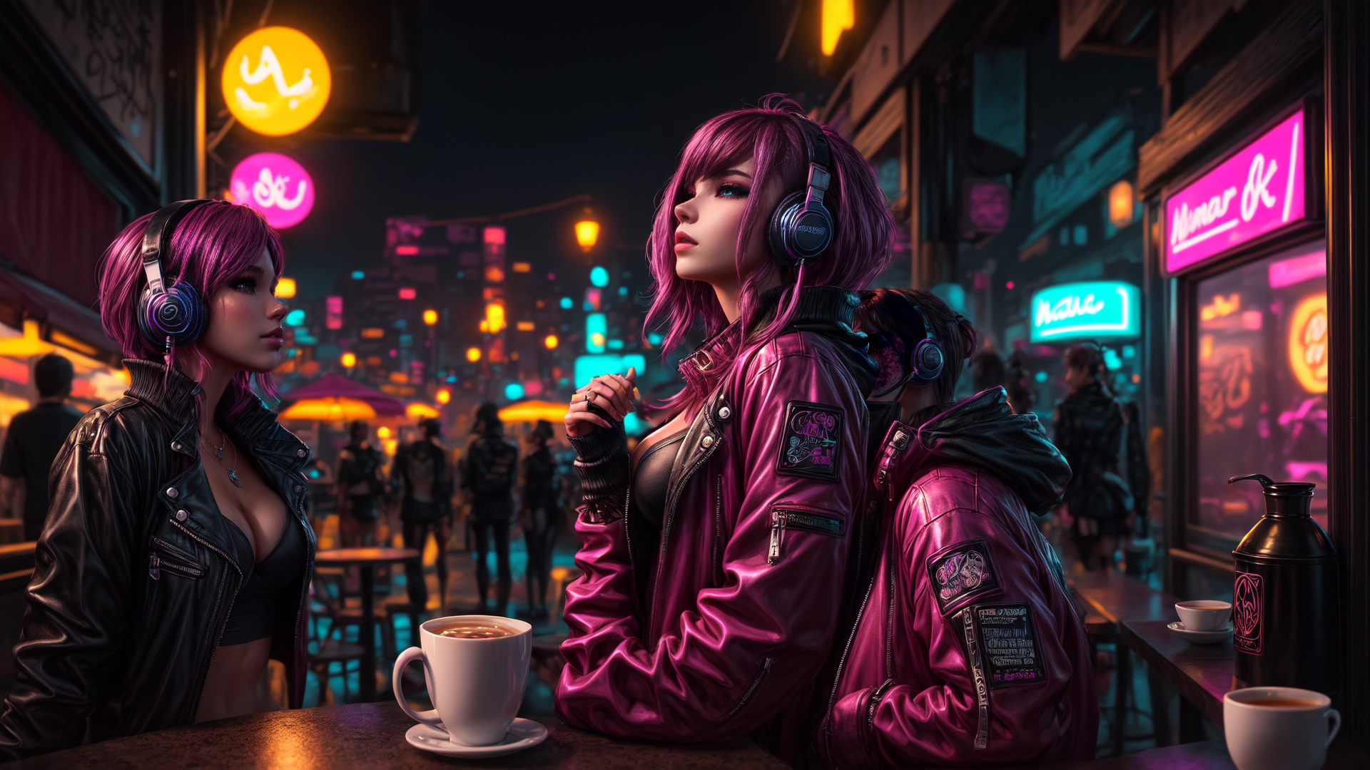 AI generated wallpaper featuring women, headphones, leather jackets
