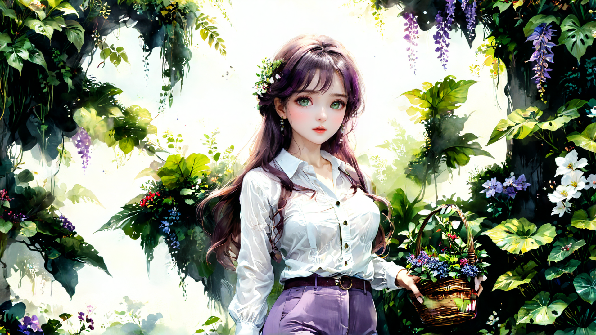 AI generated wallpaper featuring woman, basket, flowers