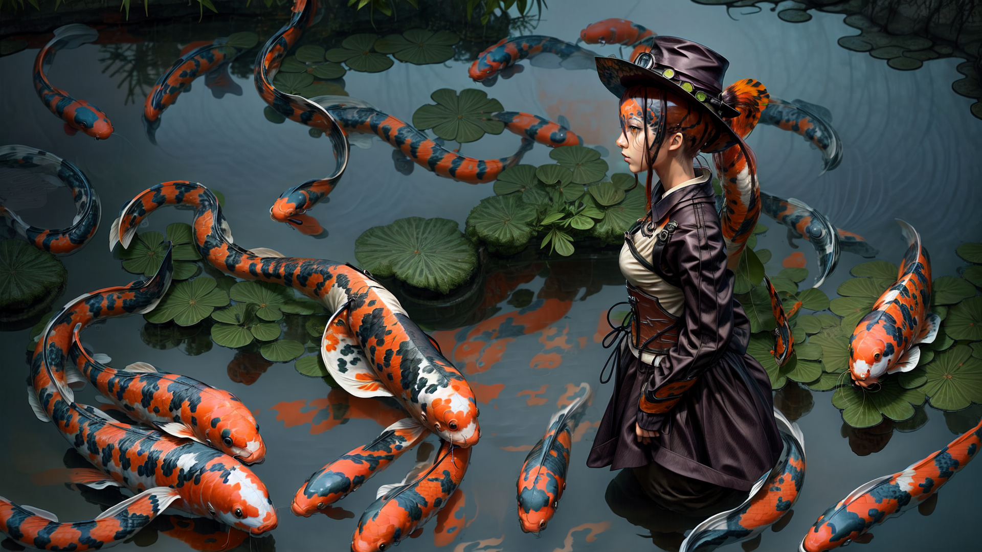 AI generated wallpaper featuring koi fish, woman, lotus, water, hat
