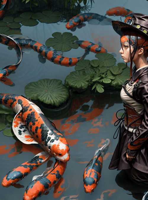 koi fish, woman, lotus, water, hat