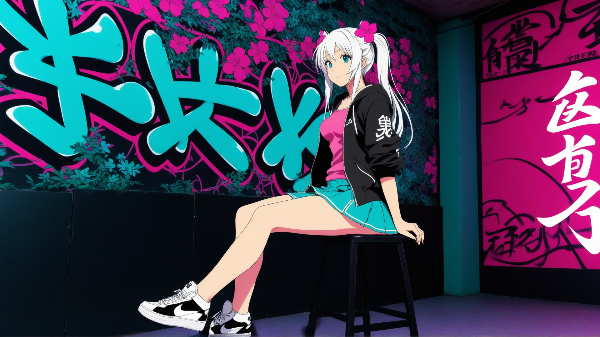 AI generated wallpaper featuring anime girl, graffiti, stool