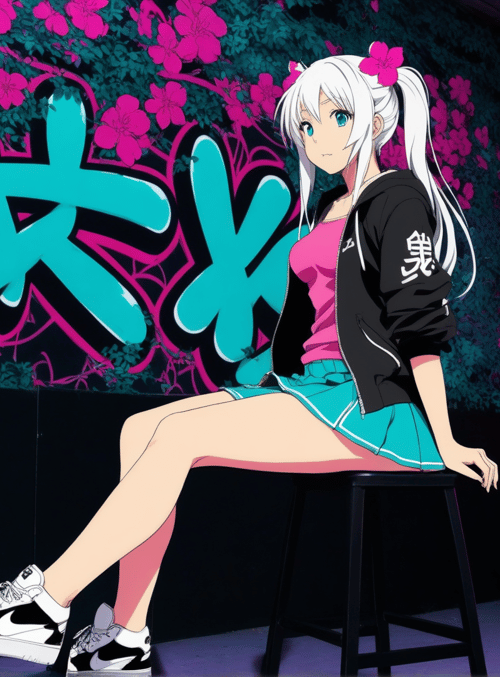 anime girl, graffiti, stool