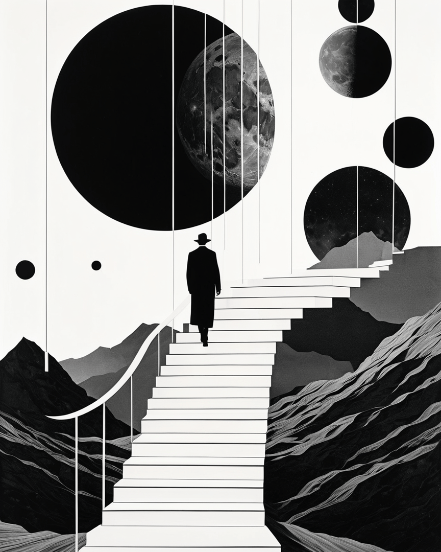 AI generated wallpaper featuring man, staircase, moon, mountains, circles