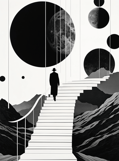 man, staircase, moon, mountains, circles