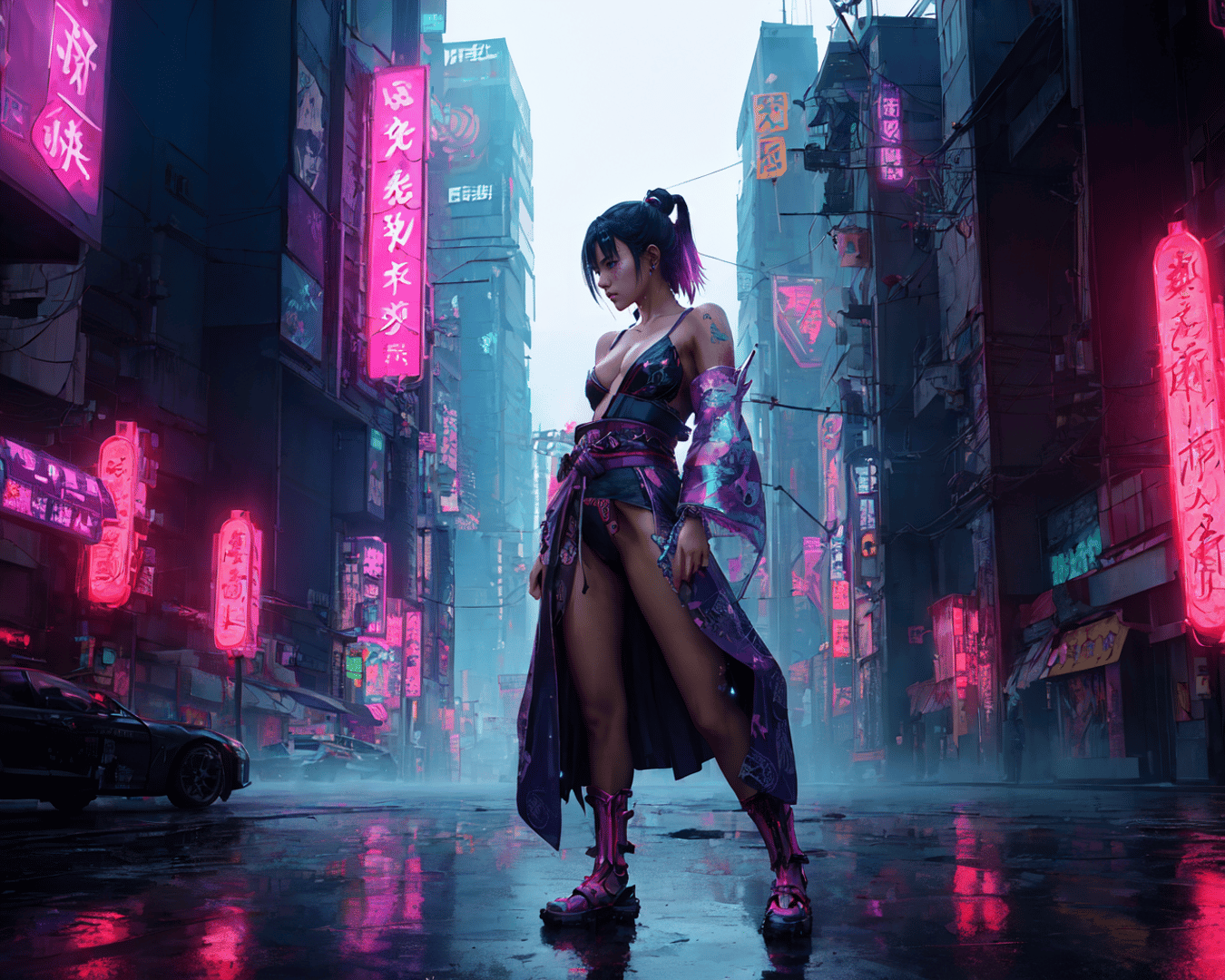 AI generated wallpaper featuring woman, cyberpunk, street