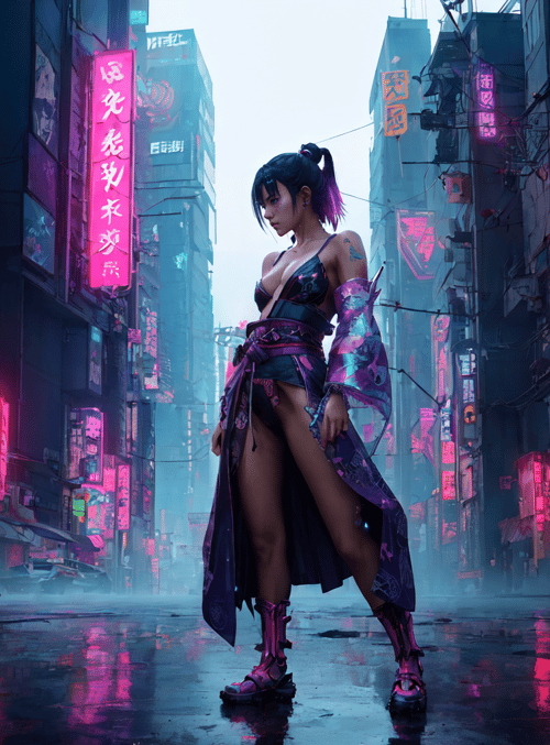 woman, cyberpunk, street