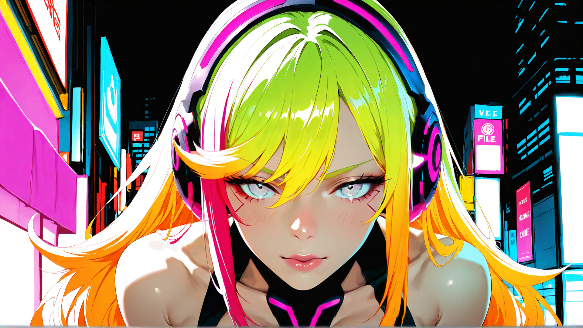 AI generated wallpaper featuring cyberpunk, girl, headphones, hair, cityscape