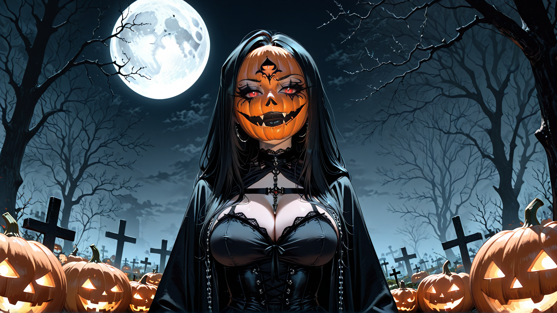 AI generated wallpaper featuring woman, pumpkin, moon, trees, cross