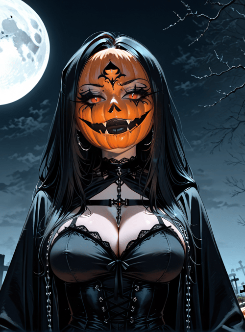 woman, pumpkin, moon, trees, cross