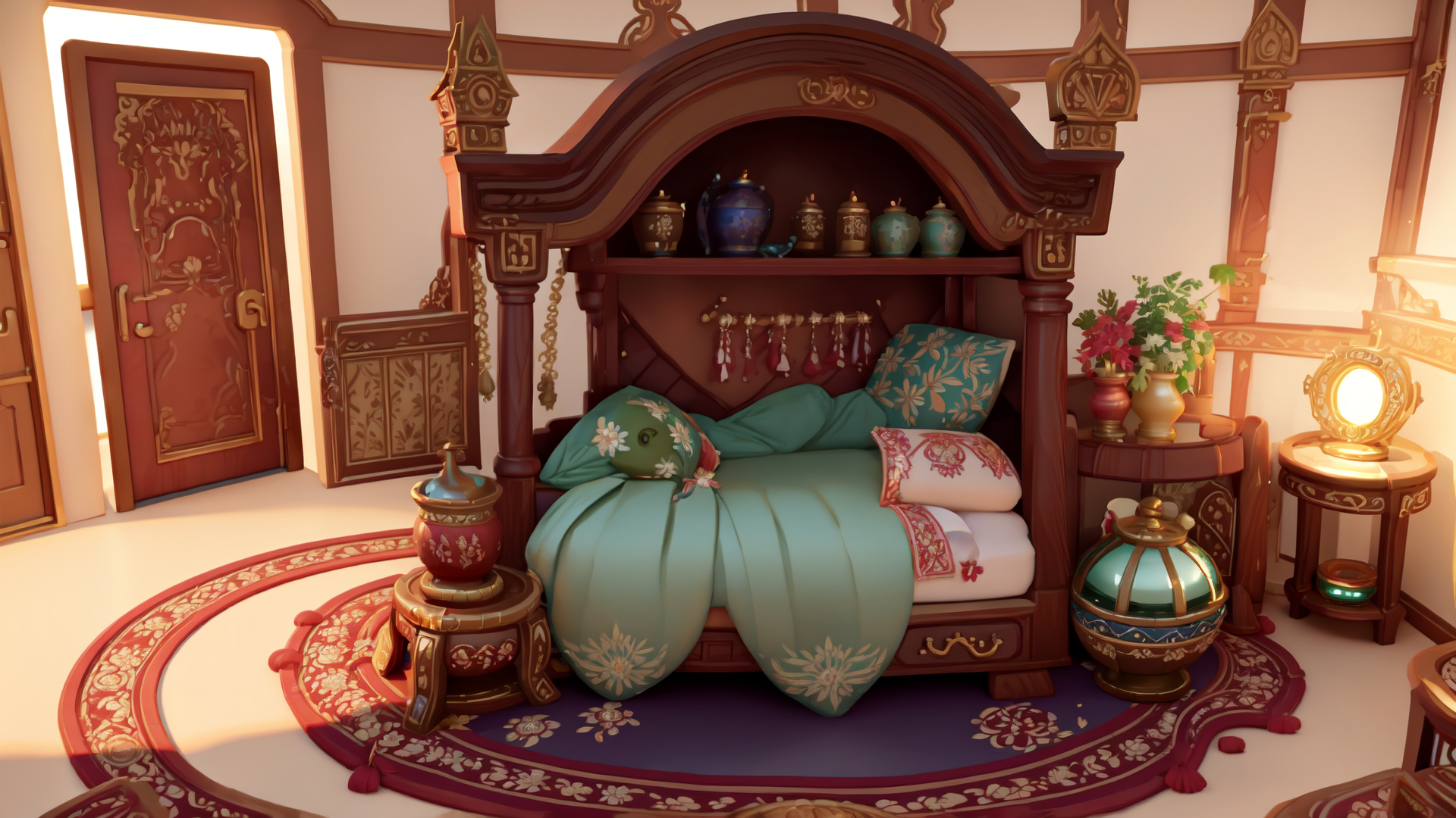 AI generated wallpaper featuring bed, room, carpet