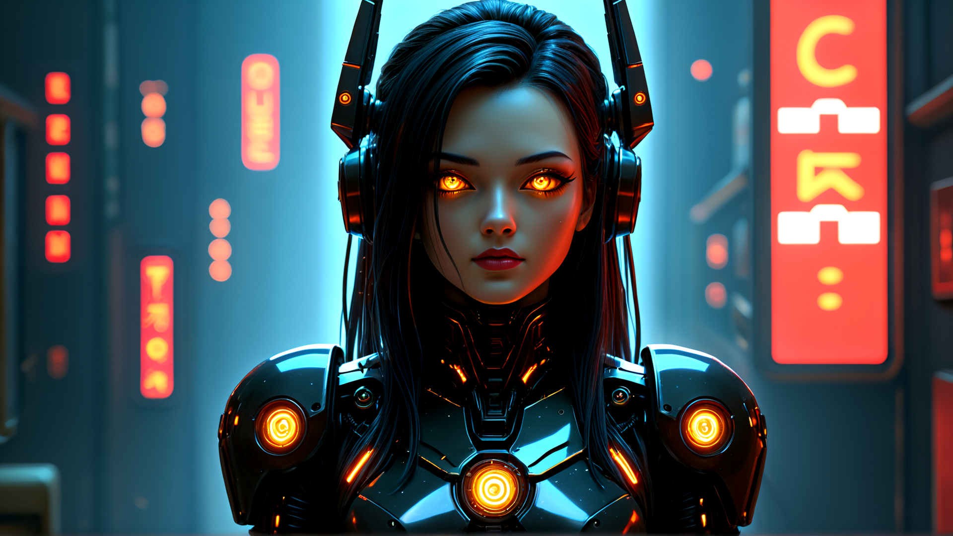 AI generated wallpaper featuring cyborg, woman, headset, neon, signs, cityscape