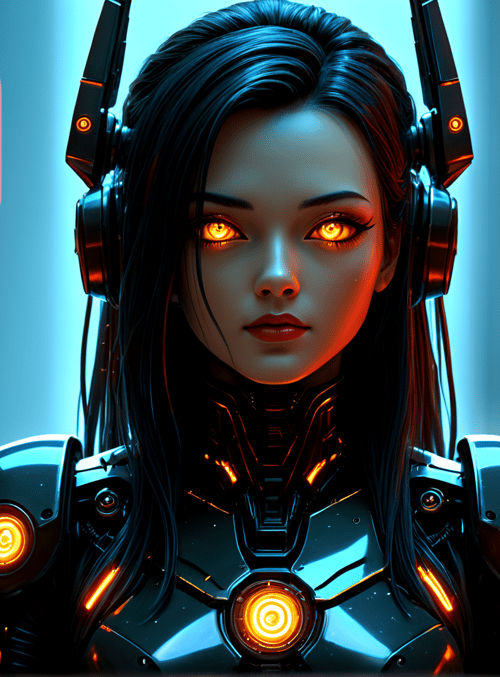 cyborg, woman, headset, neon, signs, cityscape