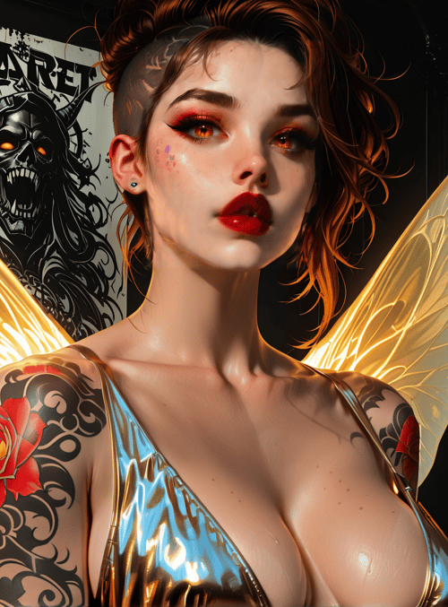 fairy, tattoo, poster, wing, hair, collar, woman, glossy, red, gold