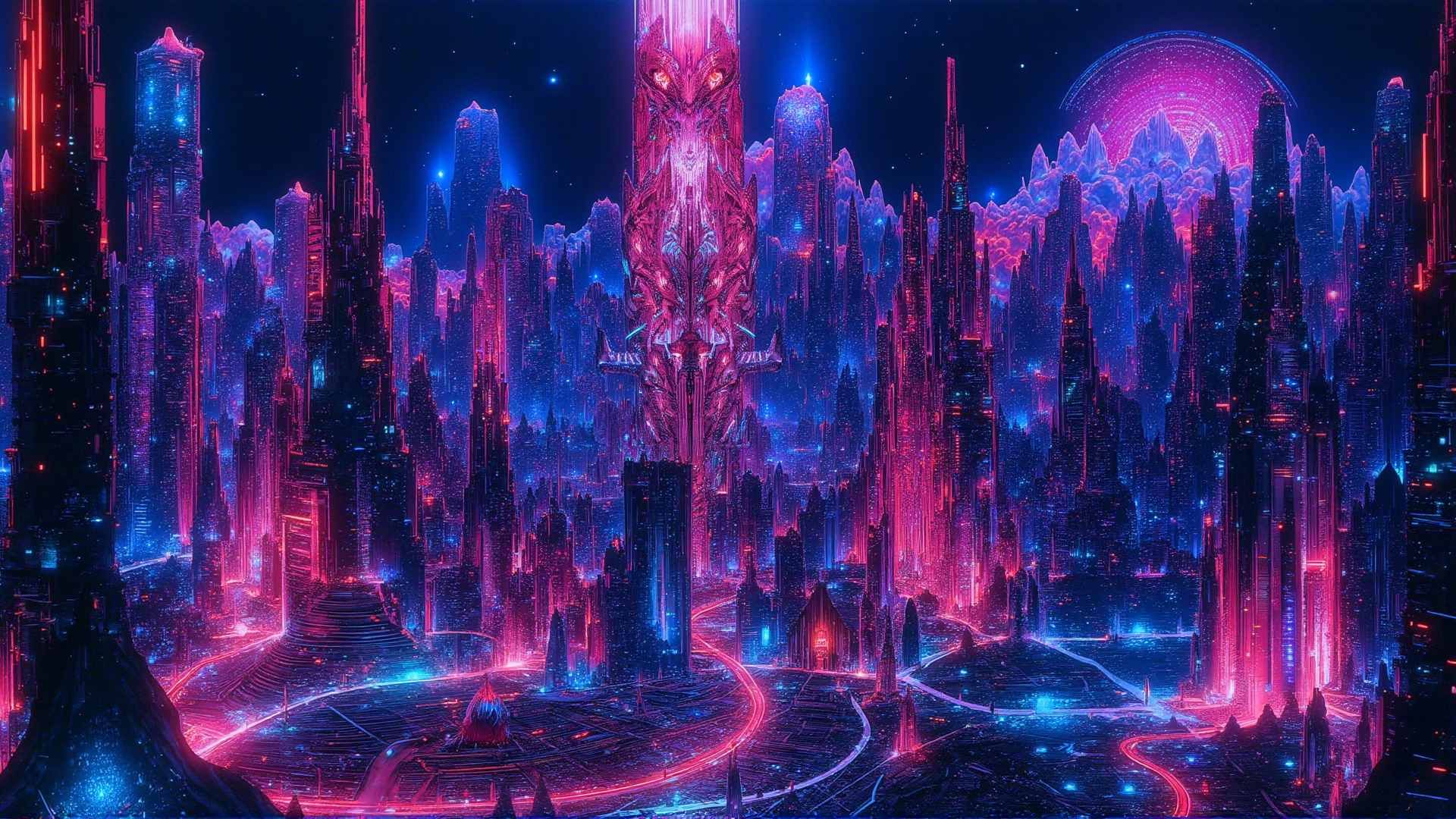 AI generated wallpaper featuring city, skyscraper, tower, neon, buildings, structure, mountain, ring, orbit, light