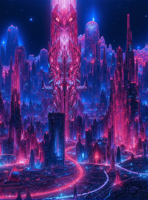 city, skyscraper, tower, neon, buildings, structure, mountain, ring, orbit, light