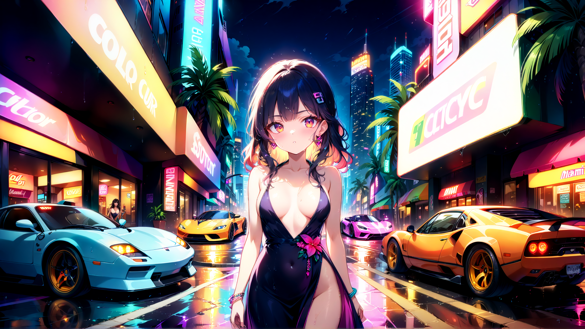 AI generated wallpaper featuring anime girl, sports cars, city street