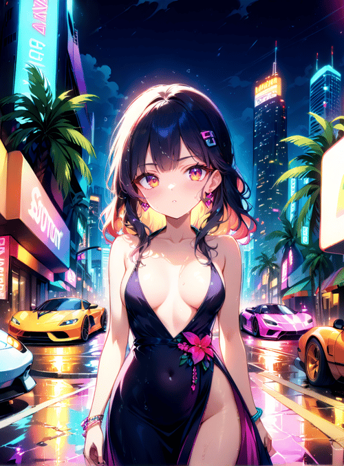 anime girl, sports cars, city street