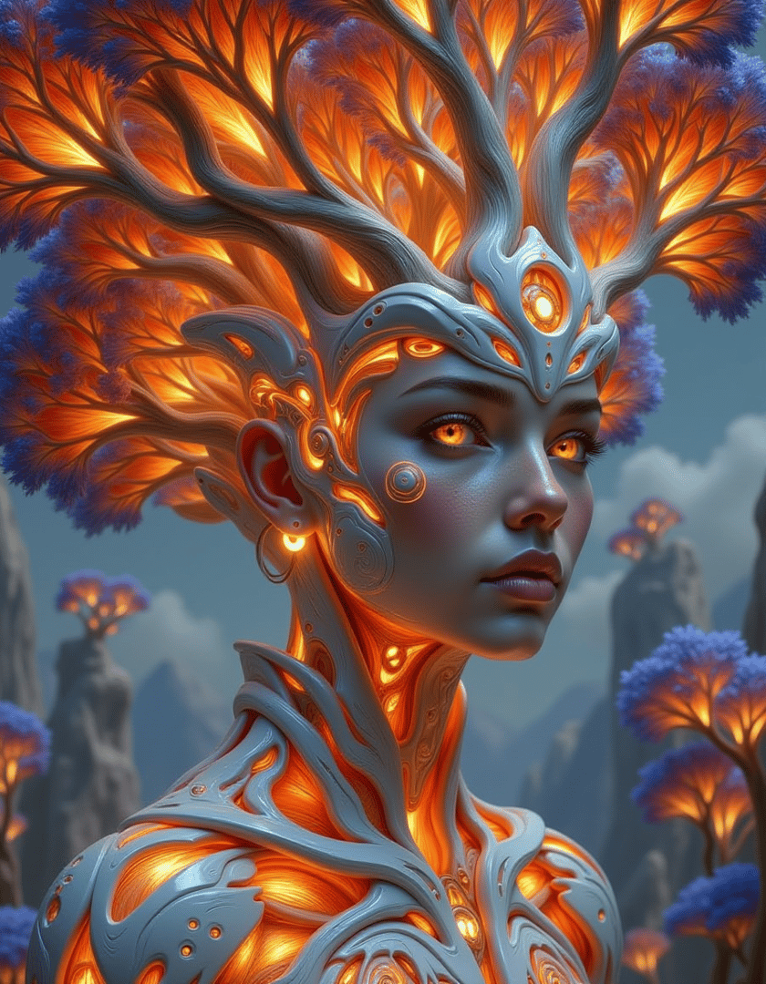 AI generated wallpaper featuring tree, woman, creature, nature, digital, art, character, fantasy, glowing, symbiosis