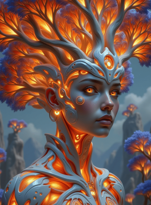 tree, woman, creature, nature, digital, art, character, fantasy, glowing, symbiosis