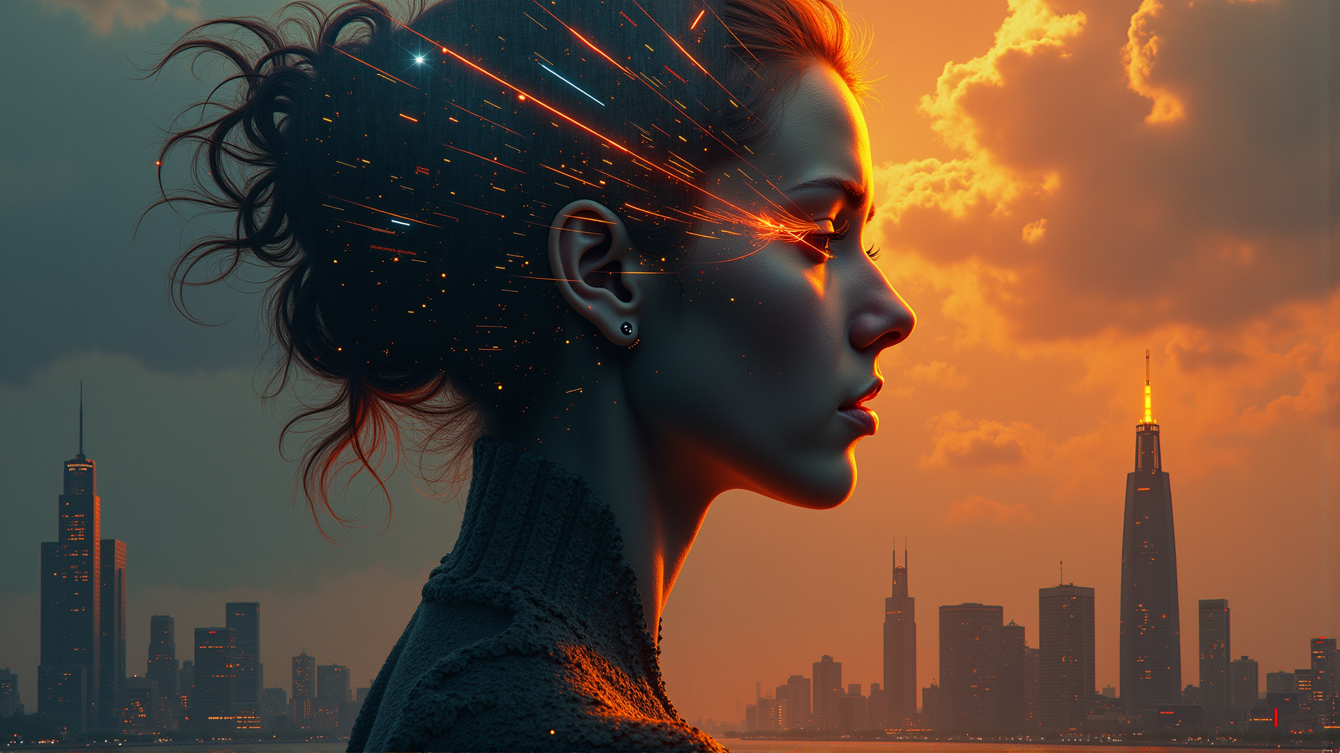 AI generated wallpaper featuring woman, cityscape, sunset, fireworks, skyscrapers, hair