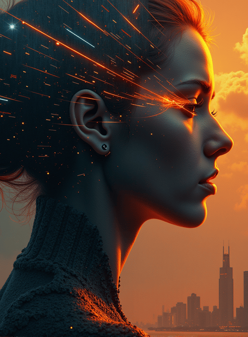 woman, cityscape, sunset, fireworks, skyscrapers, hair