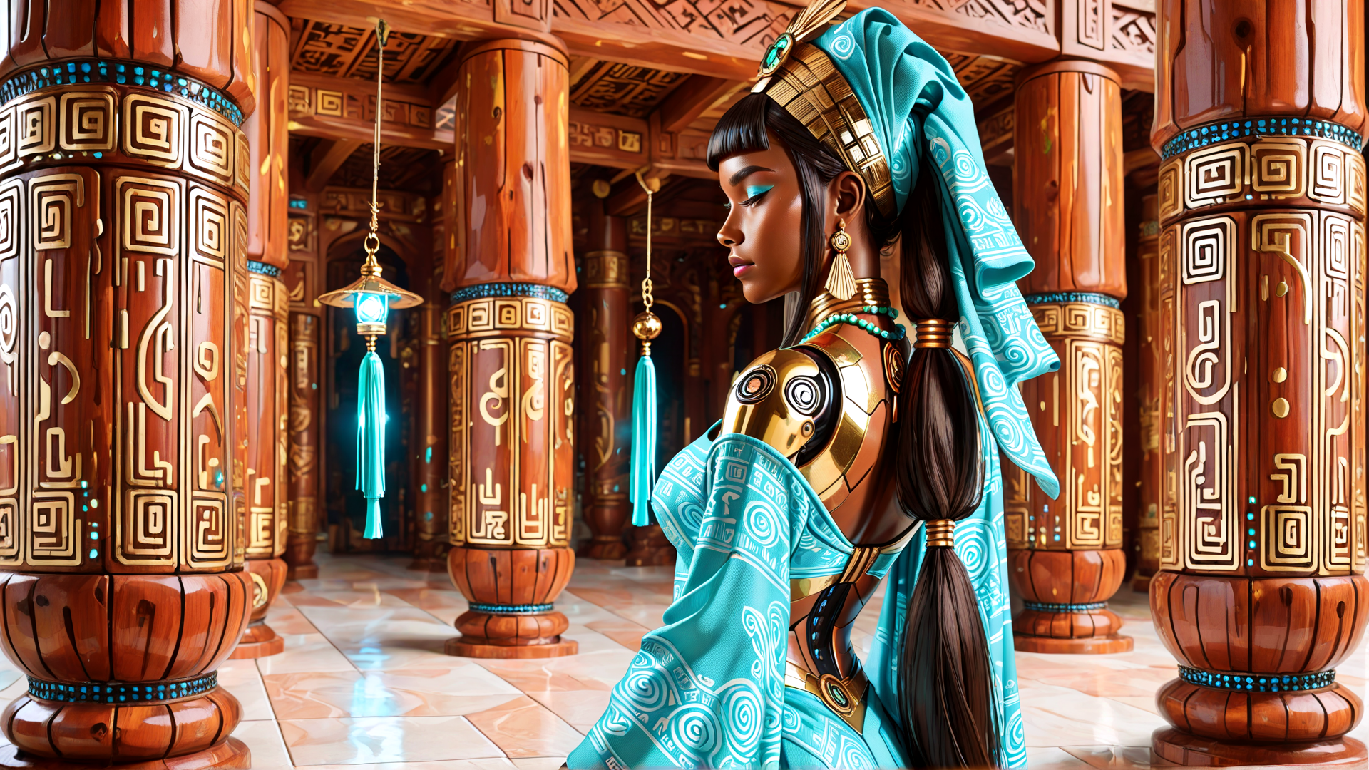 AI generated wallpaper featuring woman, columns, headdress, armor, turban, lantern, jewelry, fabric, tassels, ancient