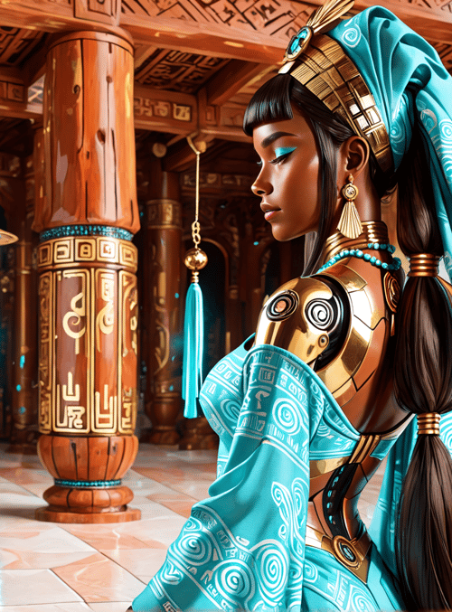 woman, columns, headdress, armor, turban, lantern, jewelry, fabric, tassels, ancient