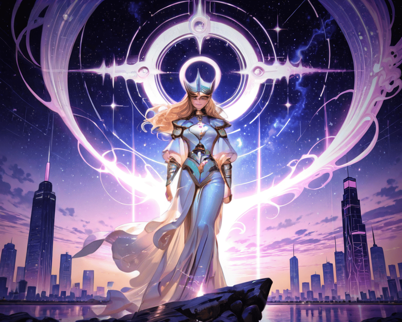 AI generated wallpaper featuring feminine figure, magic circle, cityscape