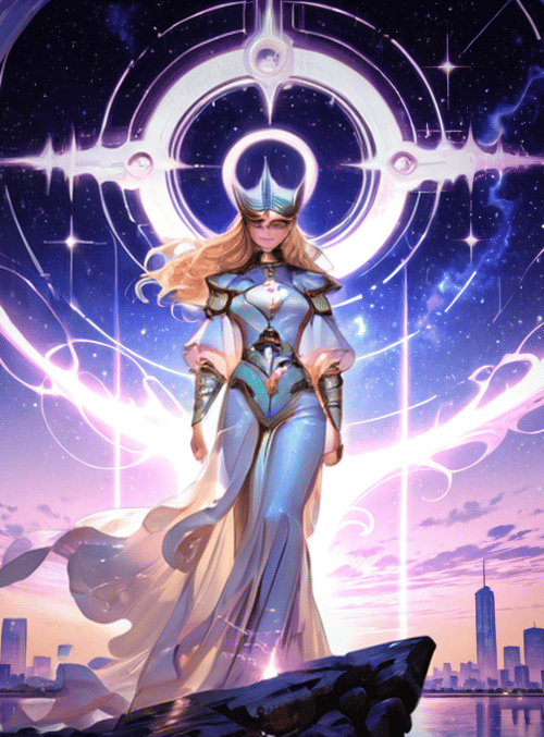 feminine figure, magic circle, cityscape