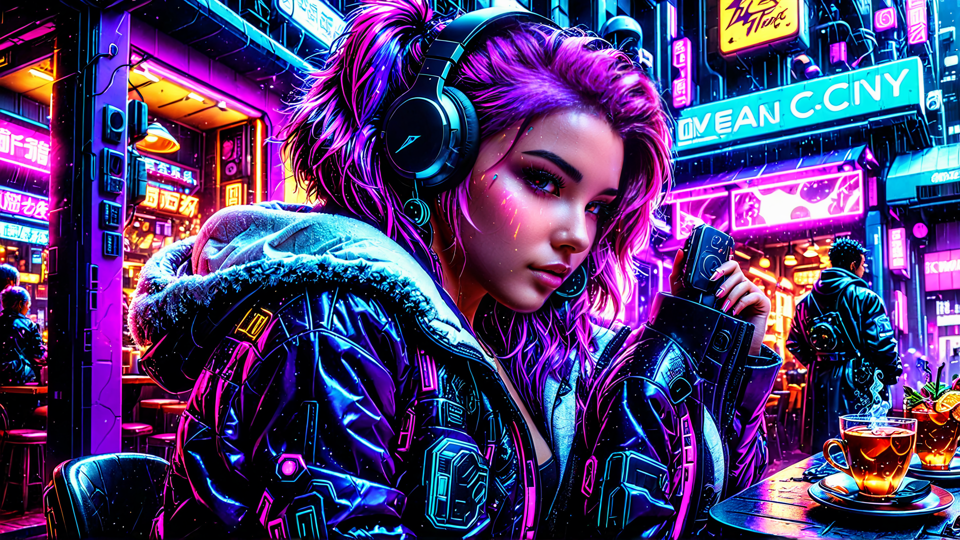 AI generated wallpaper featuring woman, cyberpunk, headphones