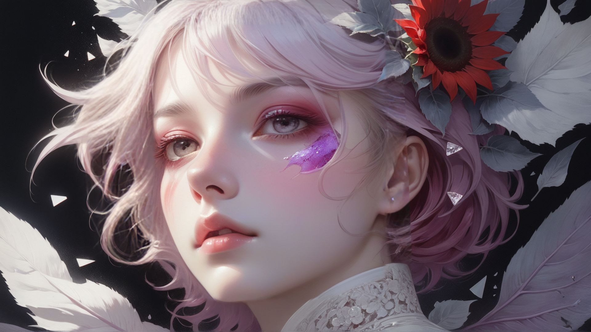 AI generated wallpaper featuring girl, feathers, flower