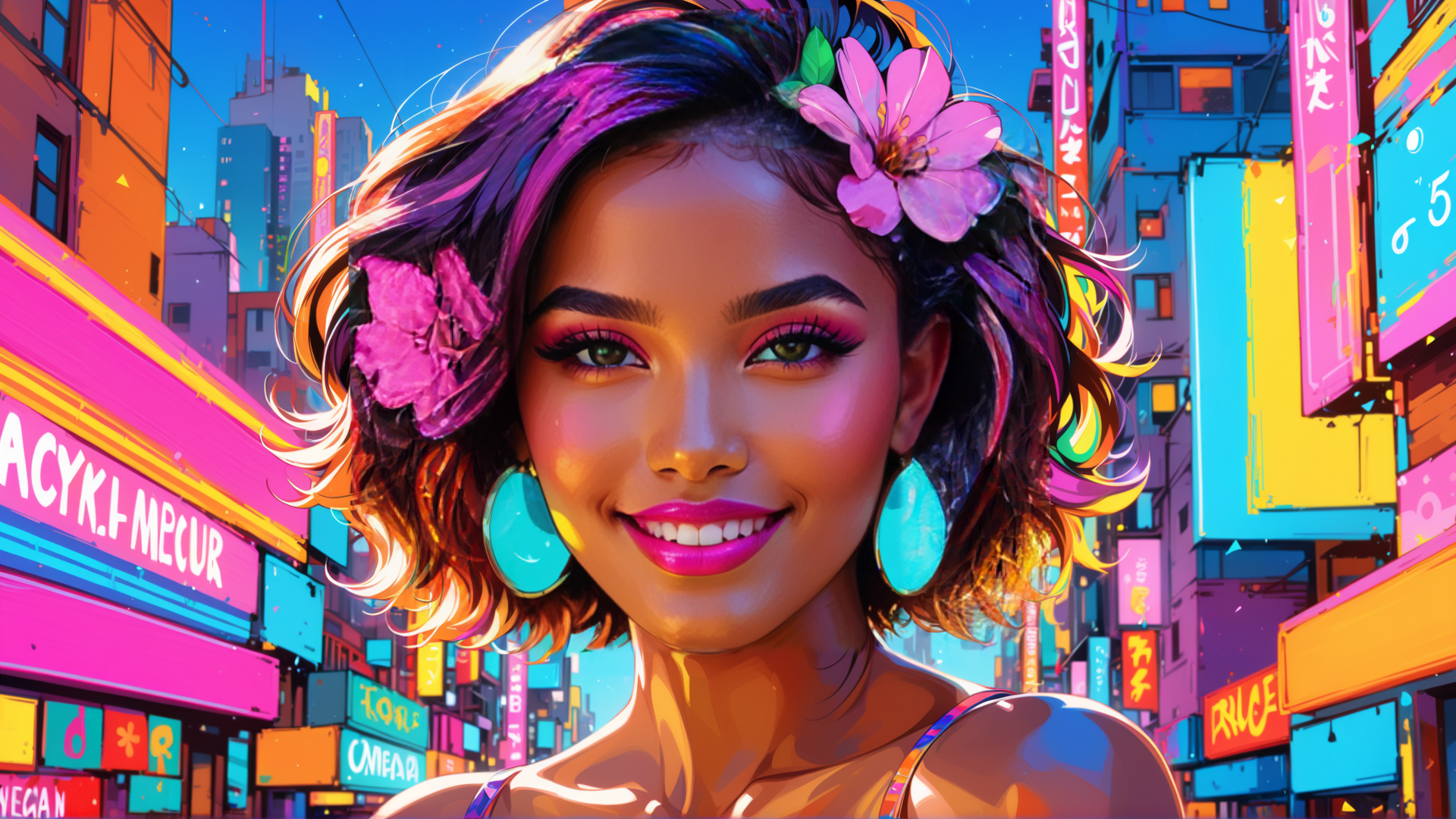 AI generated wallpaper featuring woman, cityscape, neon