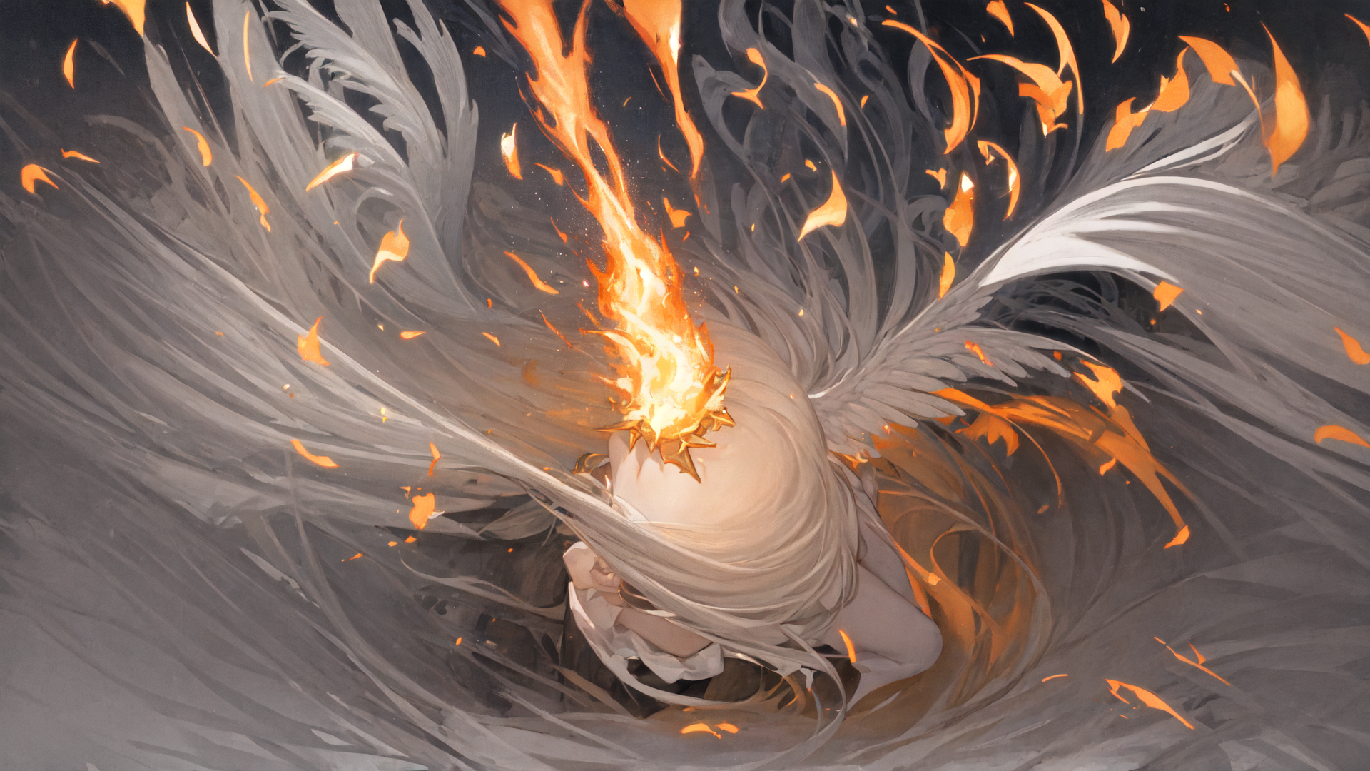 AI generated wallpaper featuring angel, fire, feathers