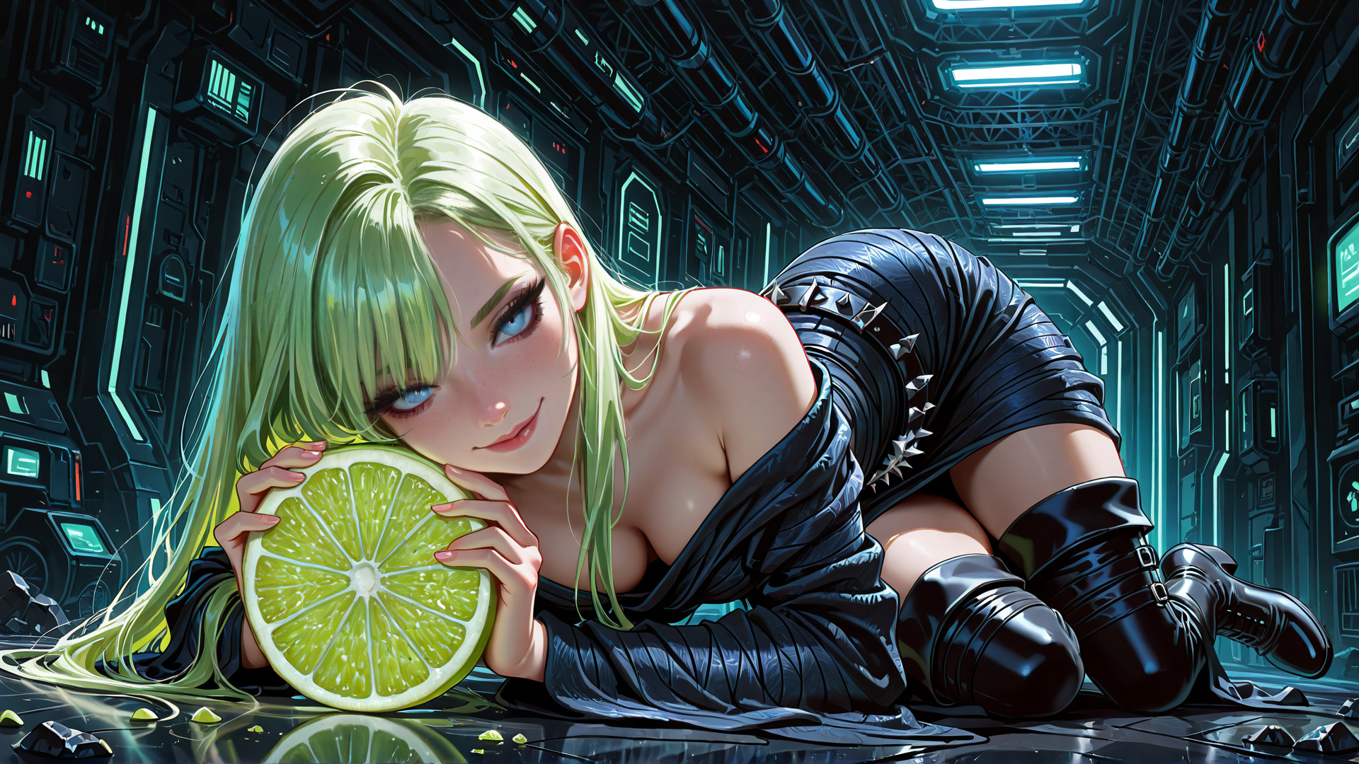 AI generated wallpaper featuring cyberpunk girl, lime, leather outfit