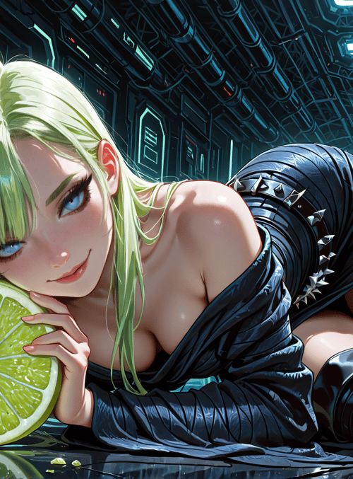 cyberpunk girl, lime, leather outfit