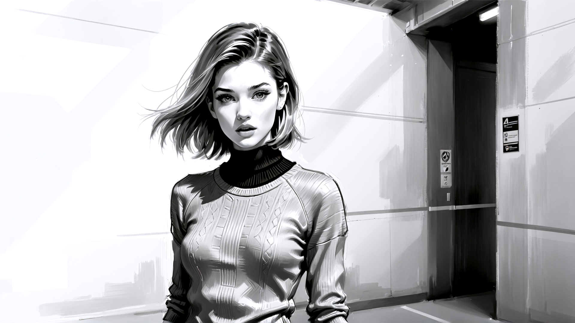 AI generated wallpaper featuring woman, sweater, hair, building, elevator