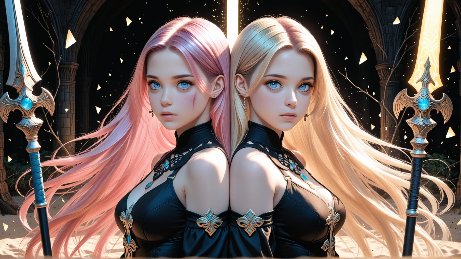 AI generated wallpaper featuring woman, swords, arches, hair, armor