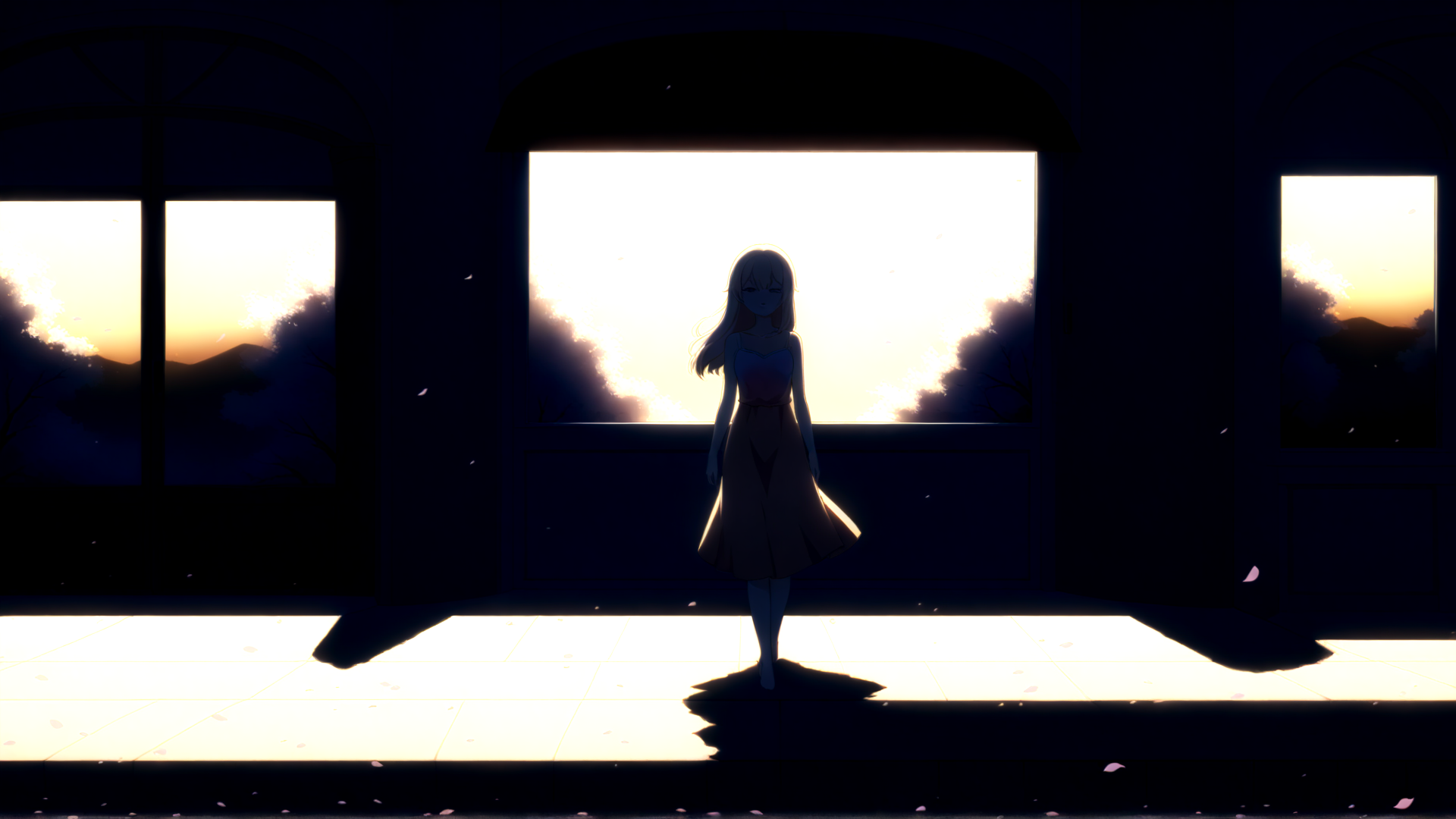 AI generated wallpaper featuring girl, window, sunset