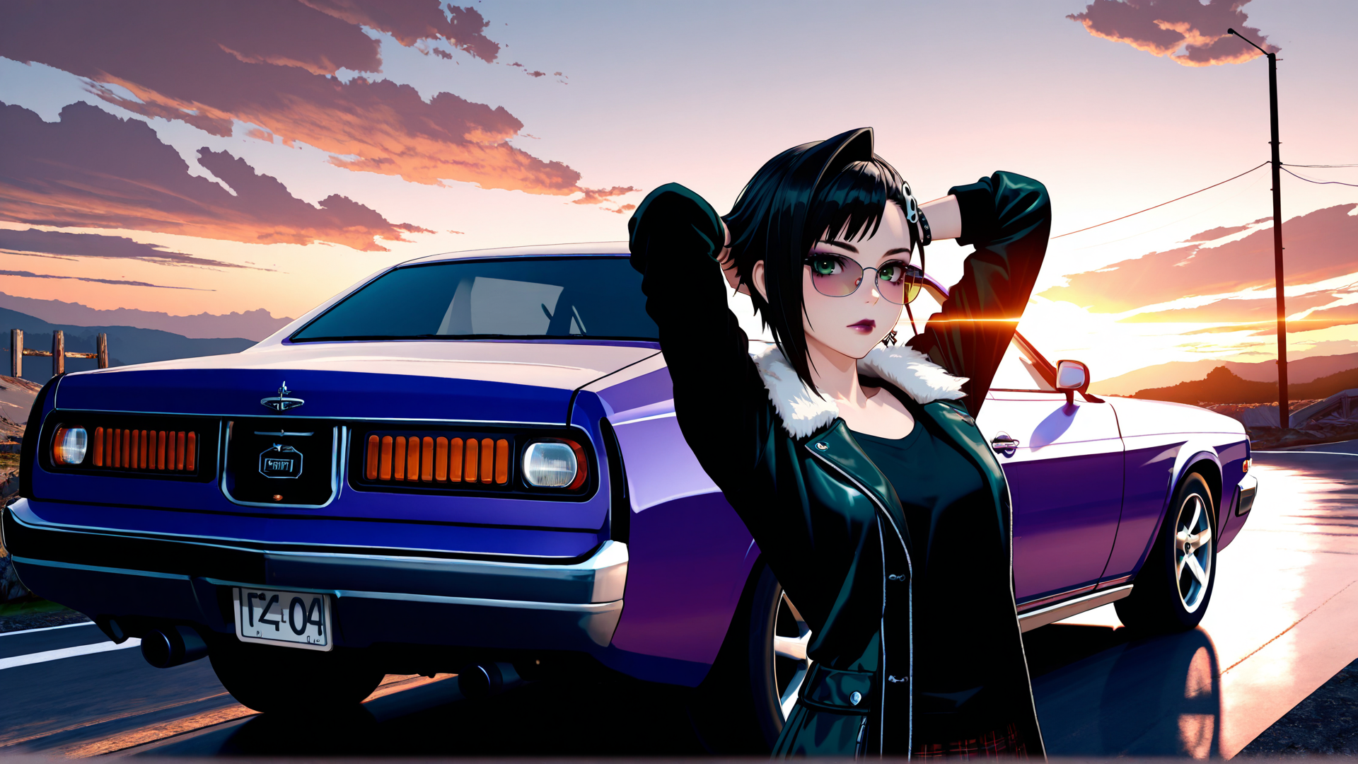 AI generated wallpaper featuring anime girl, classic car, sunset, road, glasses, leather jacket, clouds, mountains, license plate, cat ears