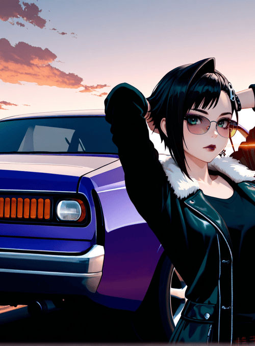 anime girl, classic car, sunset, road, glasses, leather jacket, clouds, mountains, license plate, cat ears