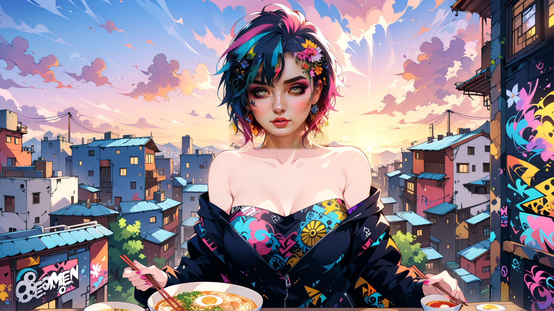 AI generated wallpaper featuring woman, cityscape, ramen